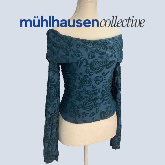 NWT Wild Fable Velvet Mesh Teal Floral Off-Shoulder Top - Picture 2 of 5